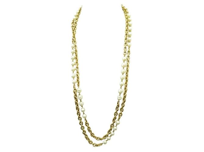 VINTAGE CHANEL NECKLACE lined ROW PEARL NECKLACE 92 CM IN GOLD METAL NECKLACE Golden  ref.1277480