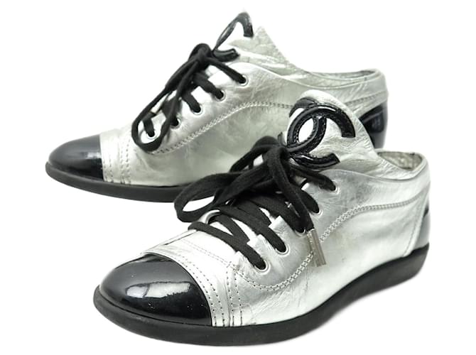 CHANEL LOGO CC G SHOES25313 36 SILVER LEATHER SNEAKERS SNEAKERS SHOES Silvery  ref.1277492