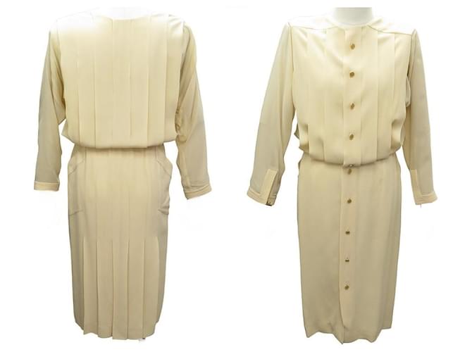 VINTAGE CHANEL DRESS WITH LOGO BUTTONS COCO M 38 BEIGE SILK DRESS  ref.1277517