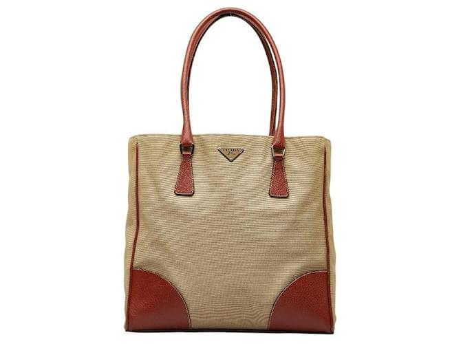 Borsa a mano Prada in tela e pelle con logo triangolare in ottime condizioni Marrone  ref.1277563