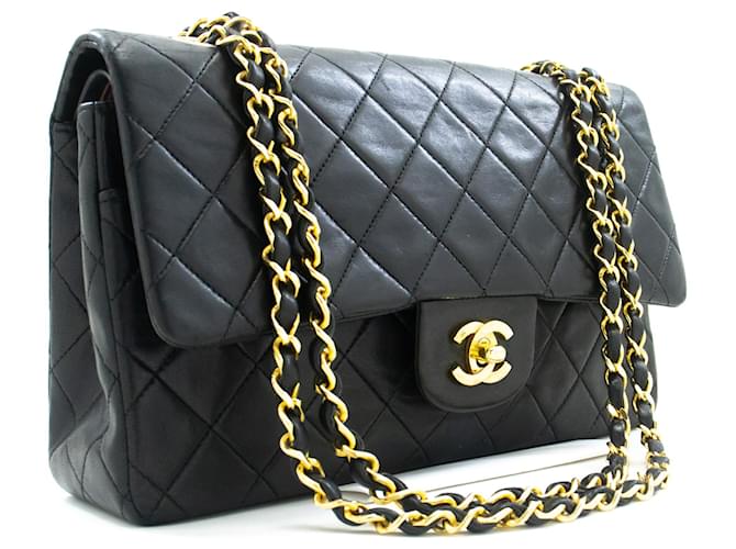 Chanel Classic gefütterte Klappe 10"Chain Shoulder Bag Black Lambskin Schwarz Leder  ref.1277810