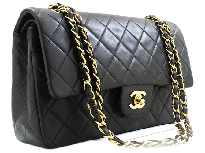 Chanel Classic gefütterte Klappe 10"Chain Shoulder Bag Black Lambskin Schwarz Leder  ref.1277811