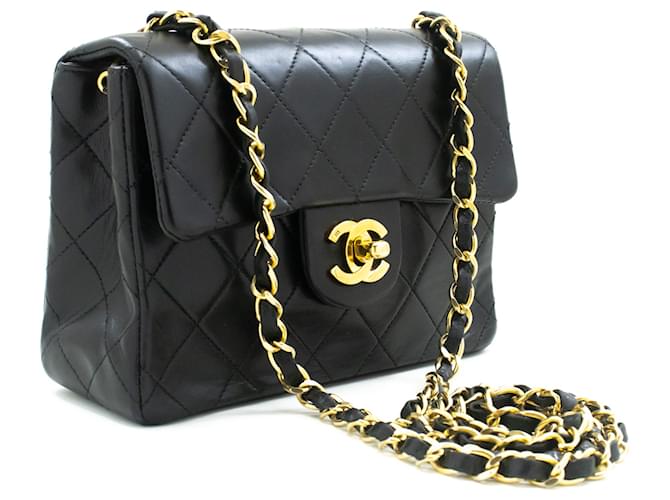 Chanel mini-quadrado pequeno cadeia bolsa de ombro crossbody cordeiro preto Couro  ref.1277812