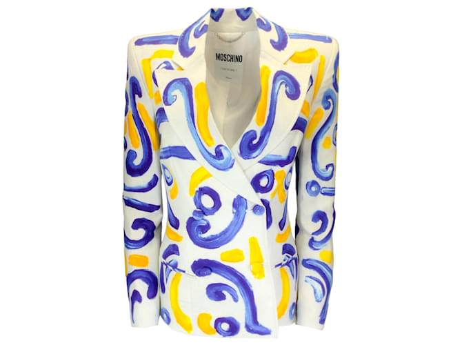 Autre Marque Moschino Couture Ivory / Blue / Yellow Multi Printed Crepe Blazer Multiple colors Viscose  ref.1279963