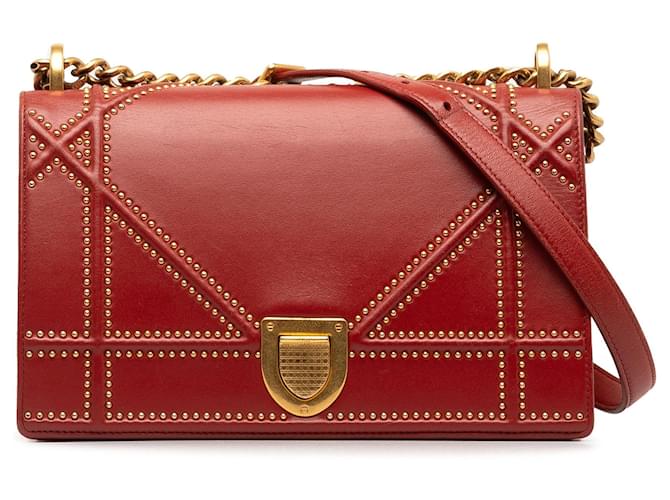 Red Dior Medium Studded Diorama Crossbody Bag Leather  ref.1280028