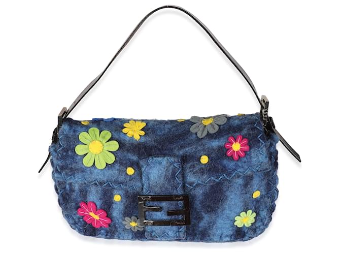 Fendi Baguette-Tasche aus mehrfarbiger Wolle mit Blumenmuster in Blau Mehrfarben Tuch  ref.1280065