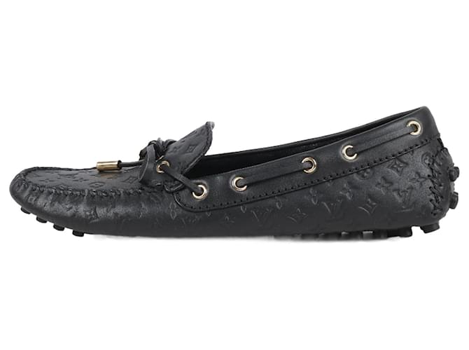 Louis Vuitton Black Monogram Empreinte Leather Gloria Loafers Size 37.5 Cuir Noir  ref.1280118