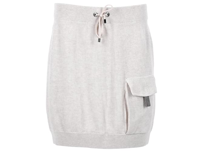 Brunello Cucinelli Brunello Cucinello Mini-jupe en maille côtelée avec cordon de serrage en coton gris  ref.1280198