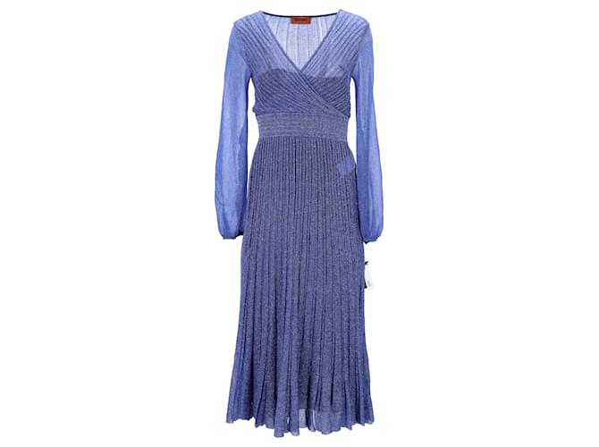 Vestido midi de malha de crochê com efeito envolvente Missoni em poliamida azul  ref.1280201