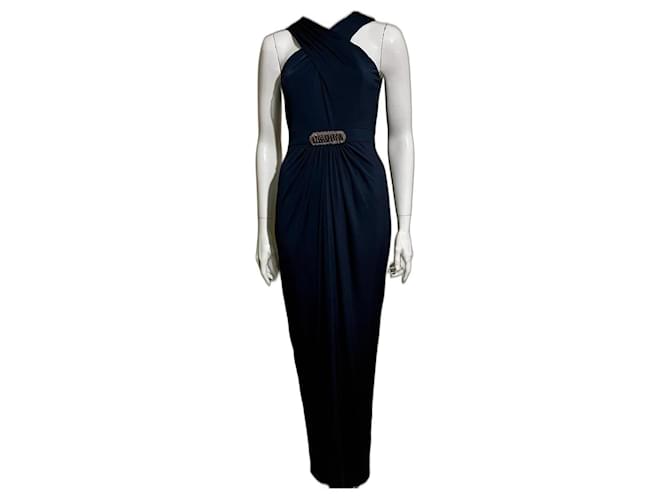 Jenny Packham Navy Jersey Abendkleid mit Perlen- und Strassverzierung Marineblau Polyester  ref.1280354