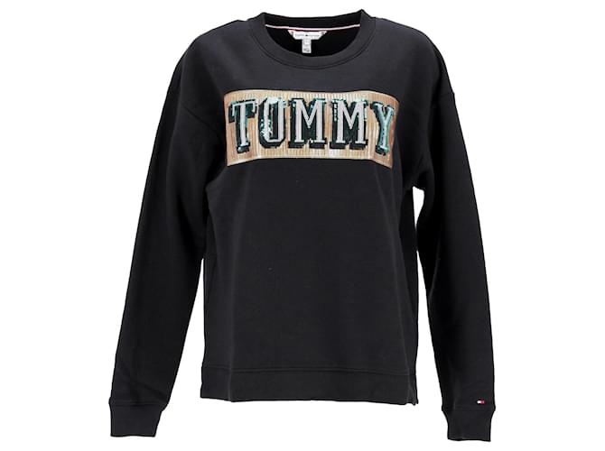 Moletom feminino Tommy Hilfiger com logotipo de lantejoulas em algodão preto  ref.1280466
