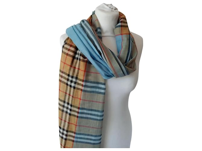 Burberry scarf Beige Light blue Silk Wool  ref.1280554