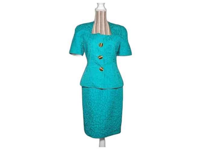 Tailleur jupe turquoise vintage des années 80 Guy Laroche Coton  ref.1281332
