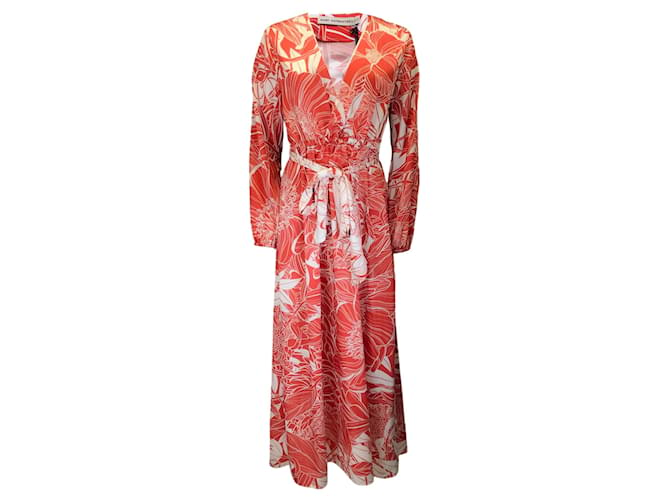 Autre Marque Mary Katranzou Red / White Ithaki Printed Belted Long Sleeved Two-Tone Poly Twill Maxi Dress Polyester  ref.1281392