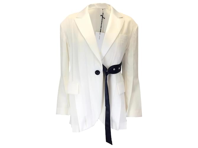 Autre Marque Sacai Ivory / Black Pleated Crepe Jacket Cream Polyester  ref.1281405