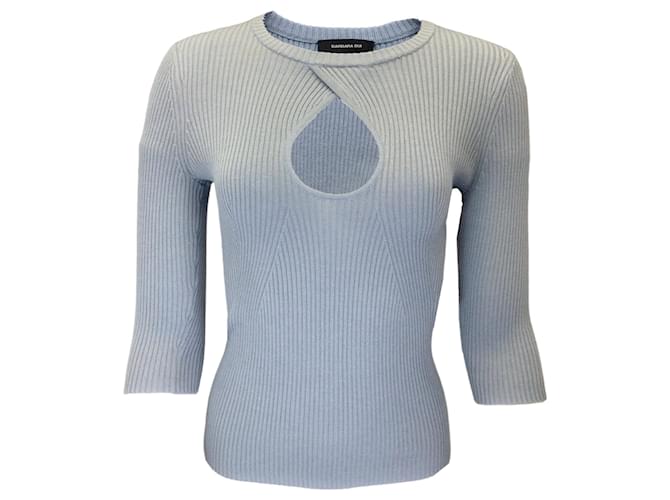 Autre Marque Barbara Bui Light Blue Three-Quarter Sleeved Ribbed Knit Keyhole Sweater Wool  ref.1281417