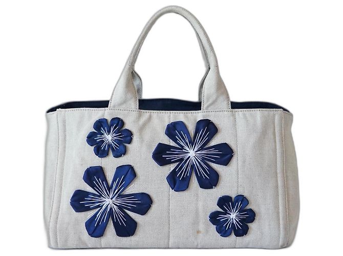 Bolsa Tote Prada Canapa Azul Bege de Lona