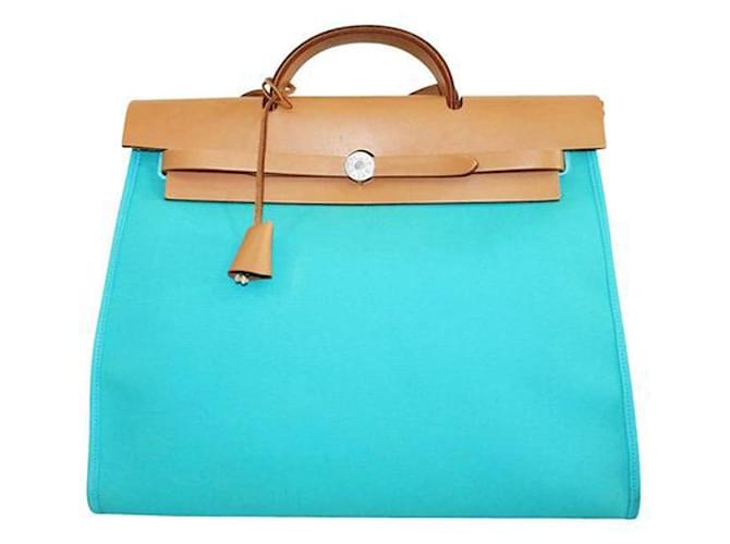 Autre Marque Blue and Brown Canvas Herbag Zip MM Leather  ref.1281555