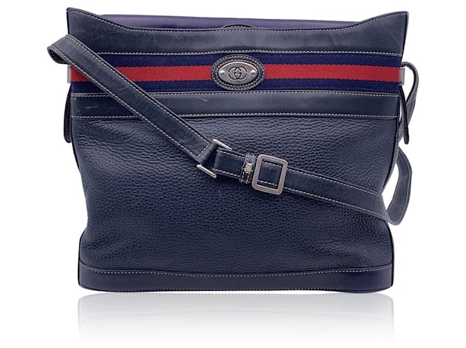 Gucci Vintage Blue Leather Web Stripes Bucket Shoulder Bag  ref.1281588