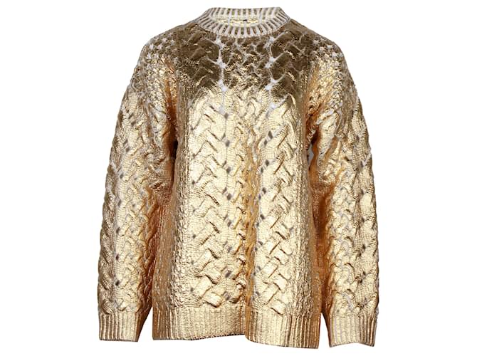 Valentino Garavani Metallized Cable-Knit Jumper in Gold Virgin Wool Golden  ref.1281599