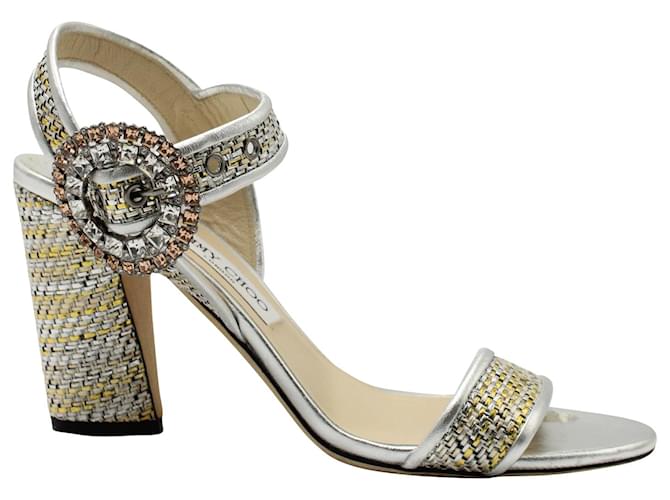 Jimmy Choo Mischa Crystal Embellished Buckle Ankle Strap Sandals in Silver Leather Silvery Metallic  ref.1281618