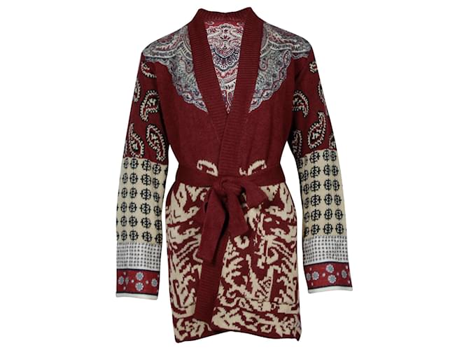 Etro Belted Jacquard-Knit Cardigan in Burgundy Linen Dark red  ref.1281624