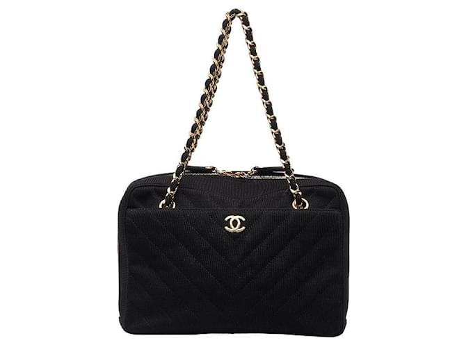 Borsa tote in cotone trapuntato con catena Chanel in ottime condizioni Nero  ref.1281676