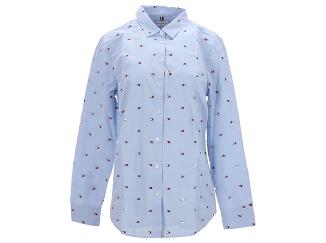 Tommy Hilfiger Womens All Over Flag Embroidery Fitted Shirt Blue Light blue Cotton  ref.1281926
