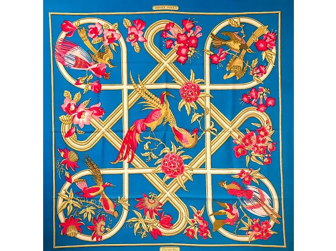 Hermès Pañuelo de seda Caraïbes azul carré 90
