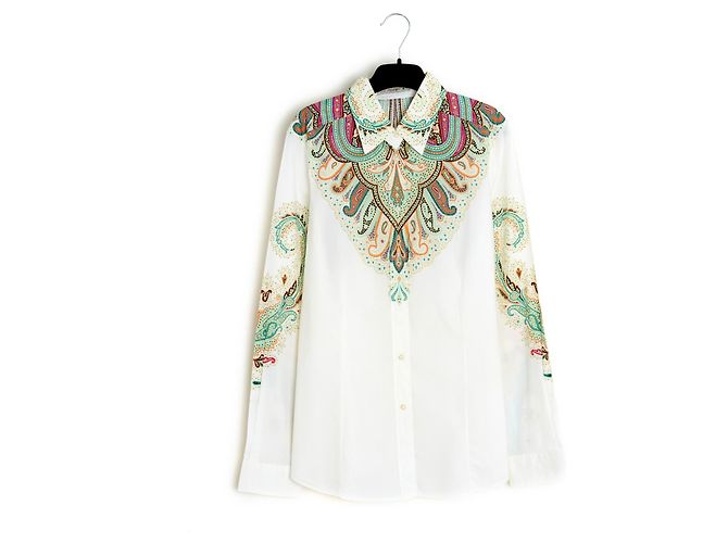 Etro FR40 Top Blanco Camisa de Popelina Verde US10