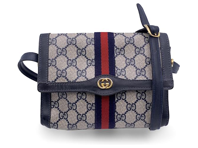 Gucci Petit sac à bandoulière vintage à rabat en toile monogramme bleu  ref.1282724