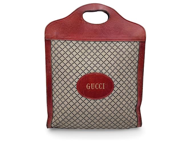 Gucci Vintage Beige Diamante Canvas Rote Leder Einkaufstasche Leinwand  ref.1282732