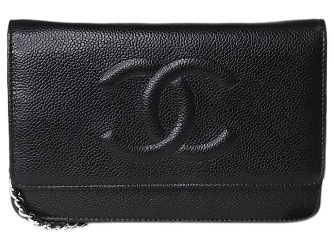 Wallet On Chain Chanel Schwarze Farbe 2010-2011 CC-Kaviar-Geldbörse mit Kette Leder  ref.1282844