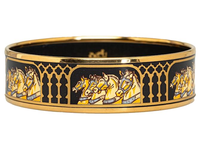 Hermès Hermes pulseira preta larga esmaltada Preto Dourado Metal Banhado a ouro Esmalte  ref.1282939
