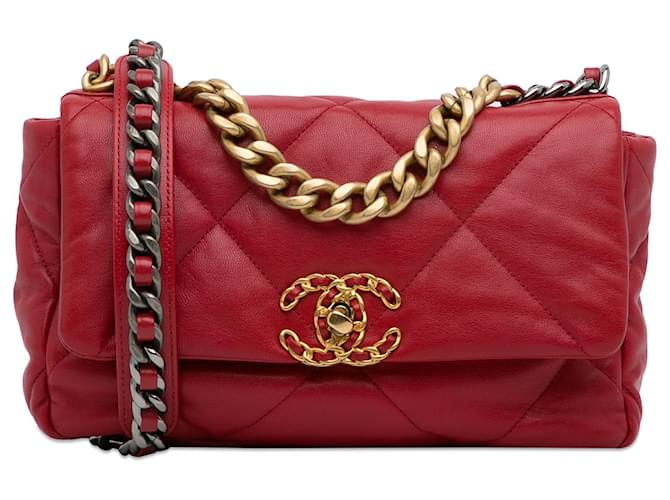 Chanel Piel de cordero roja mediana 19 bolso con solapa Cuero  ref.1282945