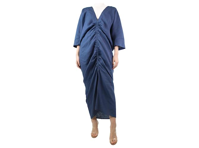 Autre Marque Blaues, gerafftes Kleid mit V-Ausschnitt aus Leinen – Größe XS  ref.1283077