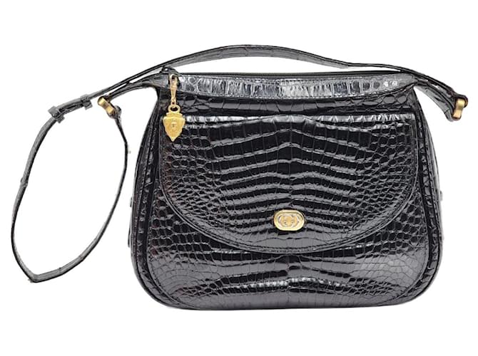 Bolso de hombro para mujer Gucci Vintage en piel de cocodrilo negro. Cueros exoticos  ref.1283118