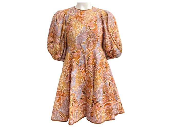 Autre Marque Zimmermann – Kleid aus Leinen mit Paisley-Print in Gold und Mehrfarbig Orange  ref.1283489