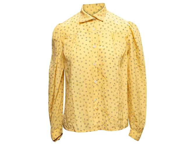 Autre Marque Vintage Yellow & Black Jan Vanvelden Printed Silk Blouse Size US S/M  ref.1283553