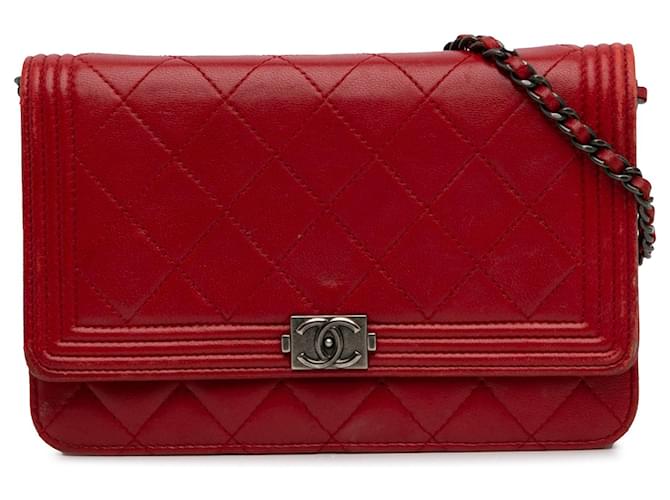 Red Chanel Lambskin Boy Wallet On Chain Crossbody Bag Leather  ref.1283567