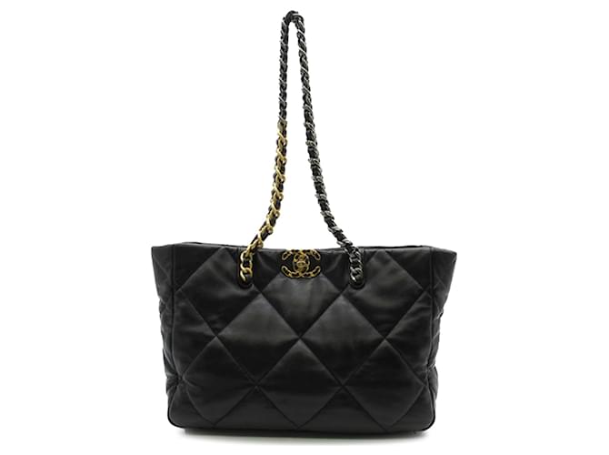 Black Chanel 19 Lambskin Shopping Tote Leather  ref.1283589