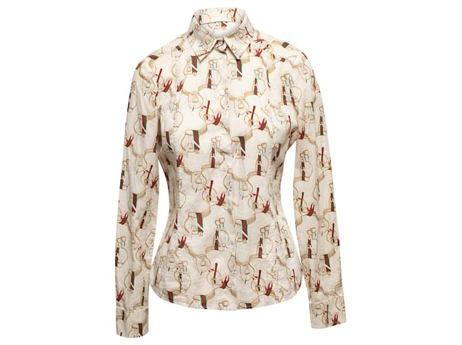 White & Multicolor Gucci Saddle Print Button-Up Top Size IT 42 Synthetic  ref.1283615