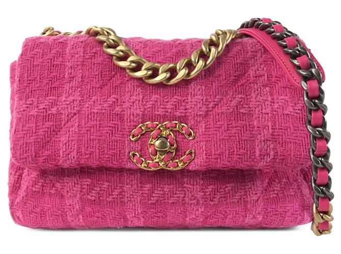 Tweed mediano Chanel rosa 19 Cartera con solapa Cuero  ref.1283625
