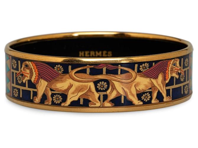 Hermès Braunes Hermes Babylon Lions breites Emaille-Armband, Modeschmuck Metall  ref.1283640