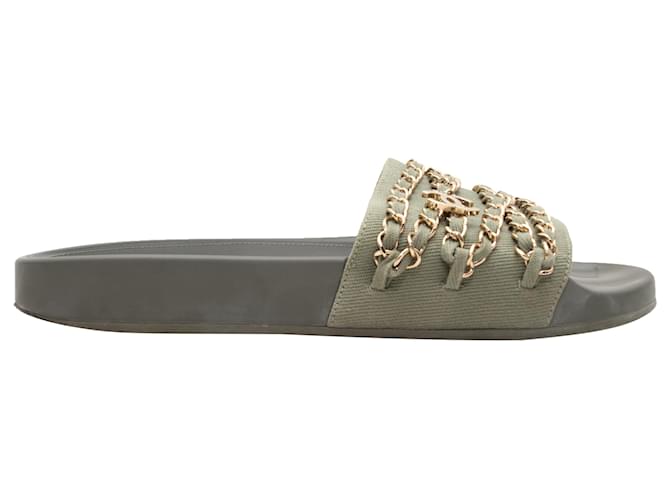 Sandales à glissière olive Chanel accentuées de chaîne Taille 39 Toile  ref.1283683