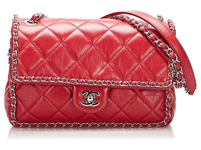 Rote, zerknitterte Chanel-Kette mit Überschlag Leder  ref.1283742