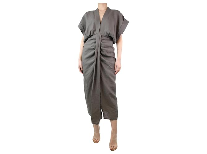 Autre Marque Grey gathered plunge-neck linen dress - size S  ref.1284073
