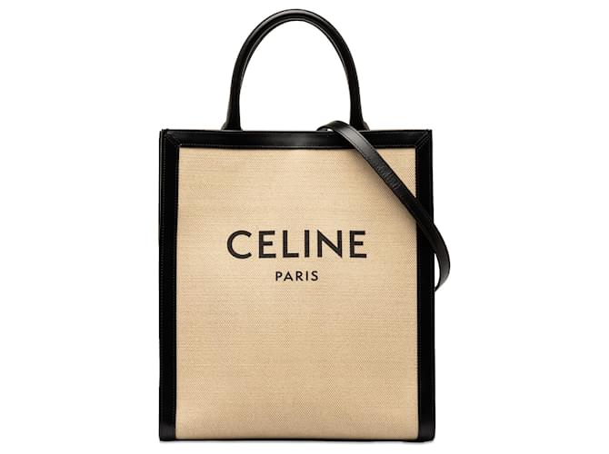 Céline Cabas vertical moyen Celine marron Cuir Toile Veau façon poulain Tissu Noir Beige  ref.1284111
