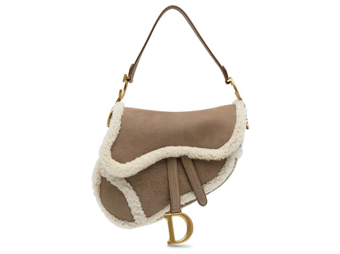 Dior Brown Shearling Saddle Bag White Leather Fur Pony-style calfskin  ref.1284112