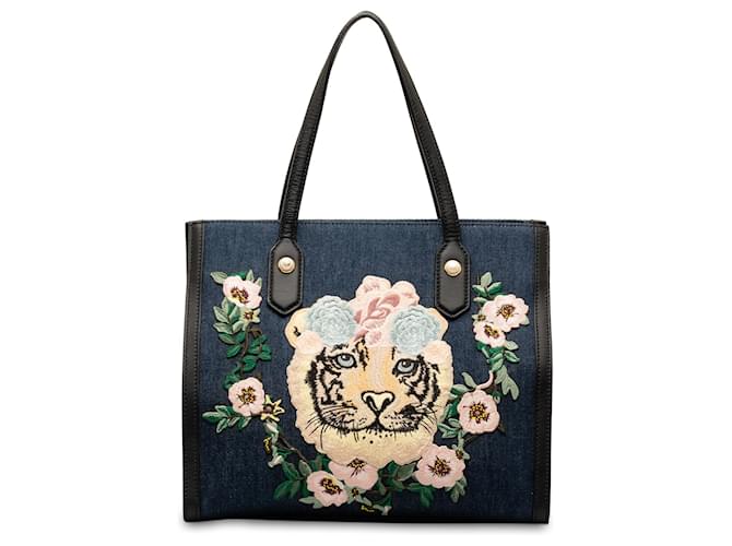 Gucci Blue Tiger Denim Embroidered Tote Navy blue Cloth  ref.1284130
